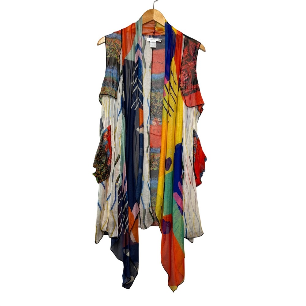 Feratelli Colorful Sheer Kimono Vest Duster Open Front Artsy Boho Medium